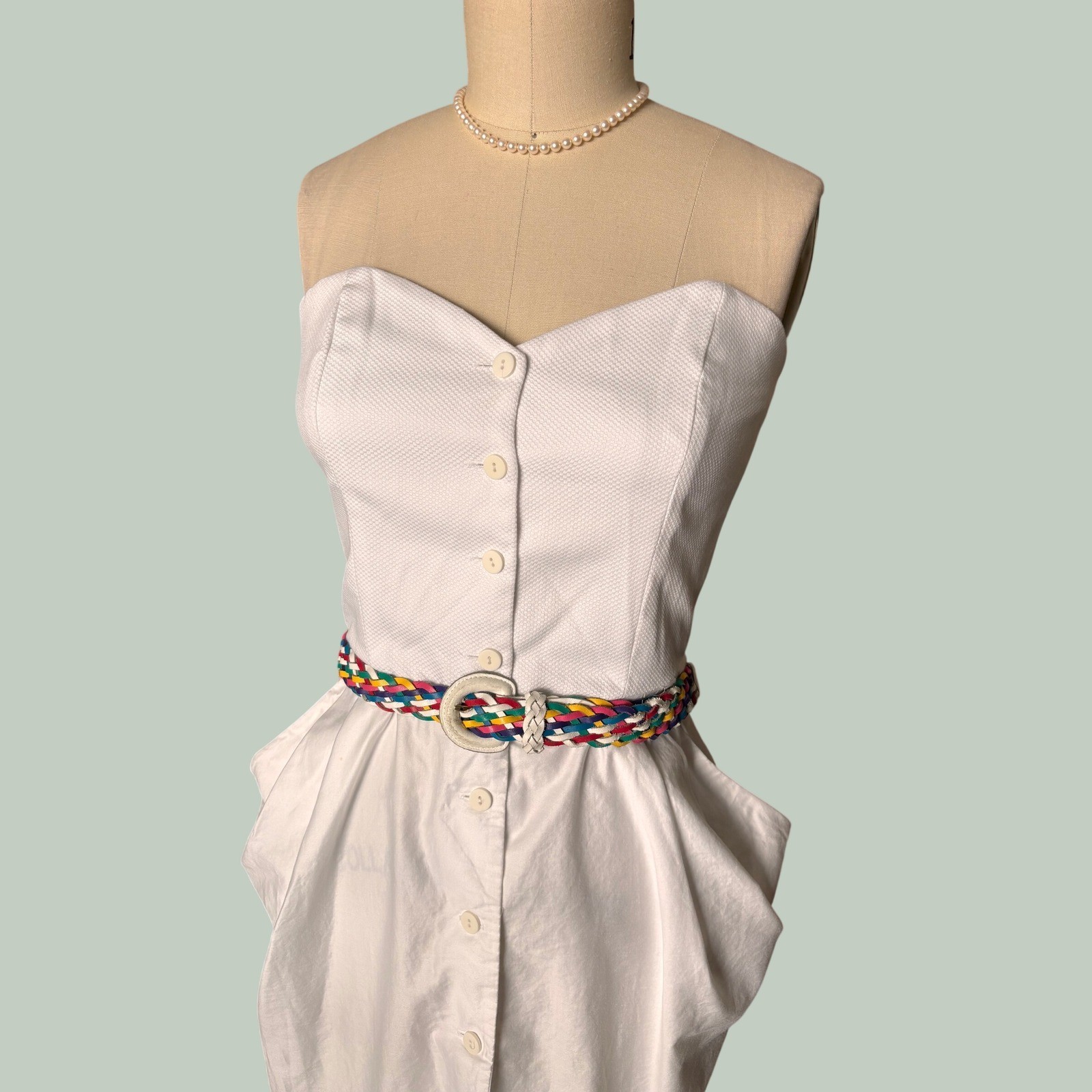 Regina Kravitz Strapless Button Front Midi Dress Pockets White Size 14 Vintage