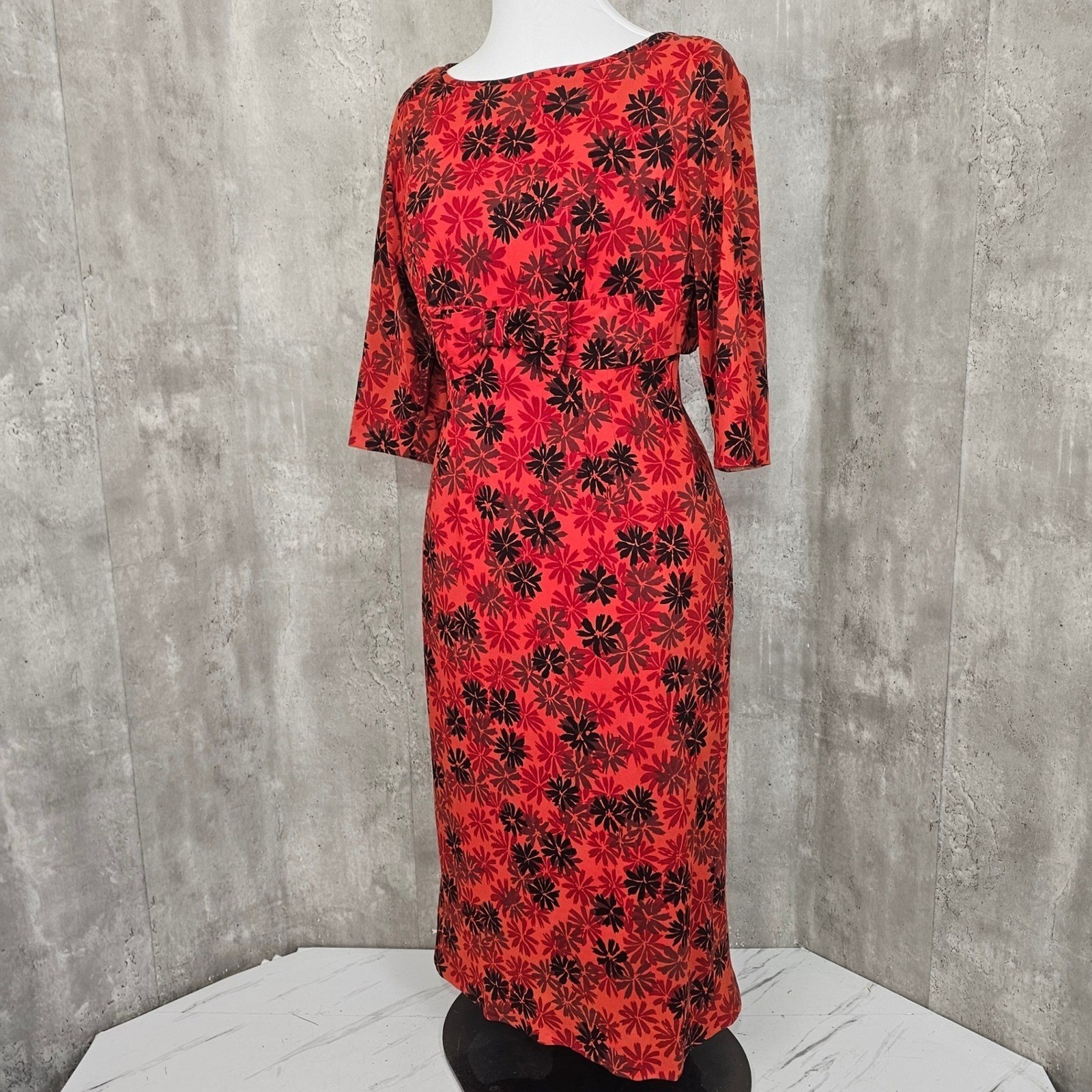 Vintage 60s Red Black Floral Wiggle Draped Back Dress Bow Waist Cocktail Party