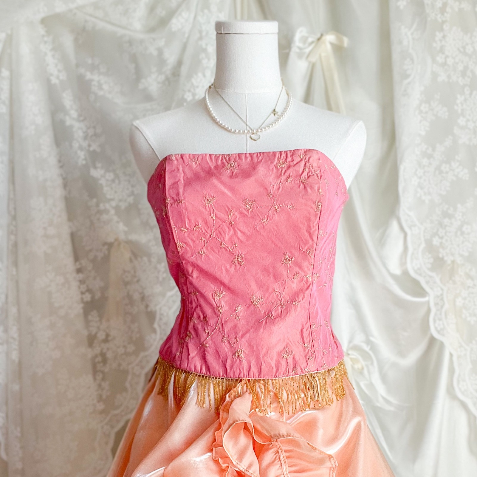 Gunne Sax Millennium Pink Beaded Fringe Corset Top