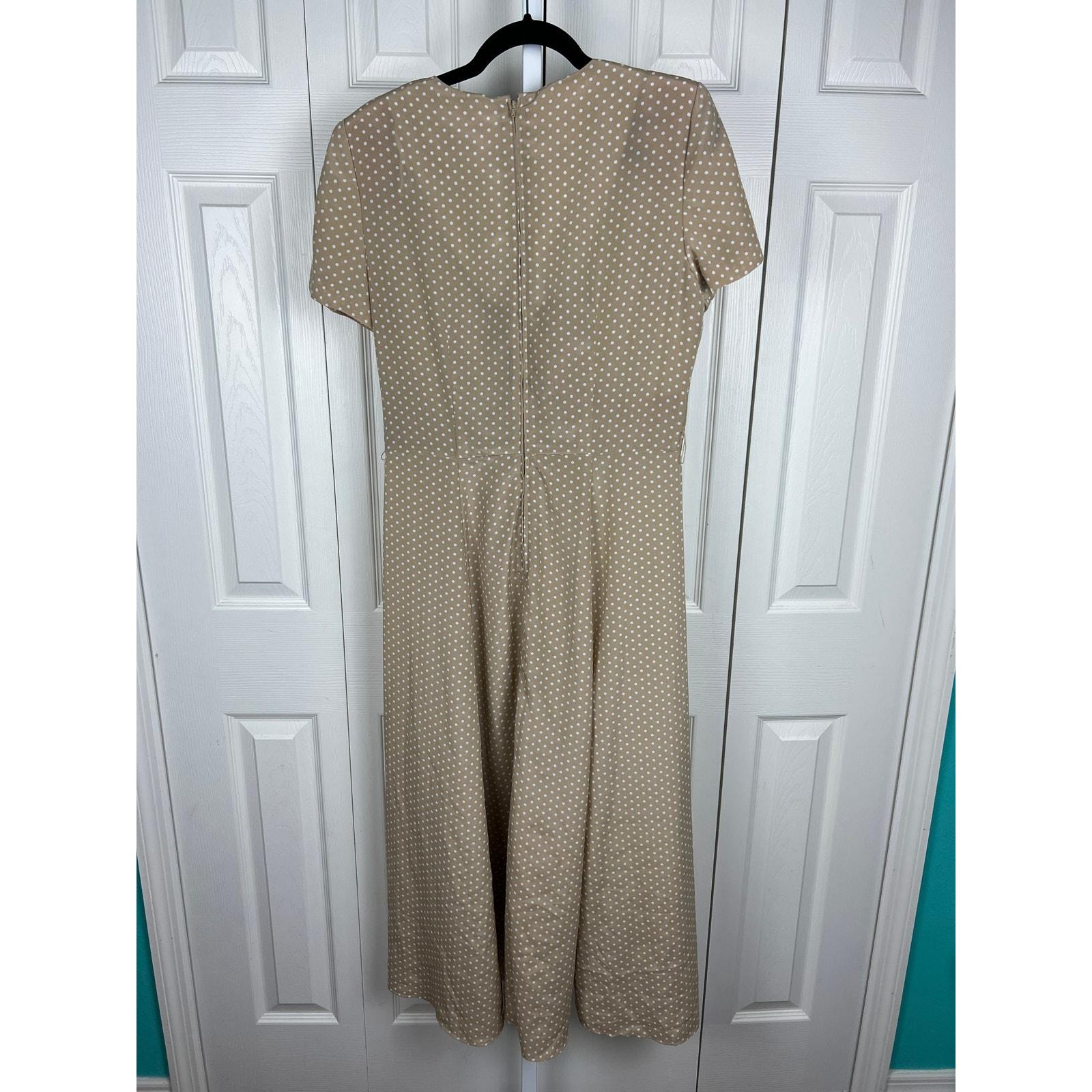 D.J. Summers Polka Dot Midi Dress Vintage Retro Minimalist Boho Tan Polyester 12