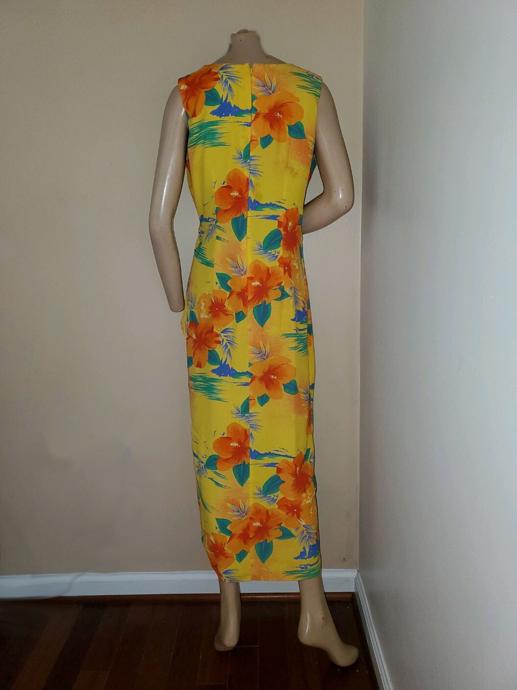 Vintage 80s 90s K.C. Spencer Yellow/Orange Tropical Floral Hawaiian Faux Wrap Ma