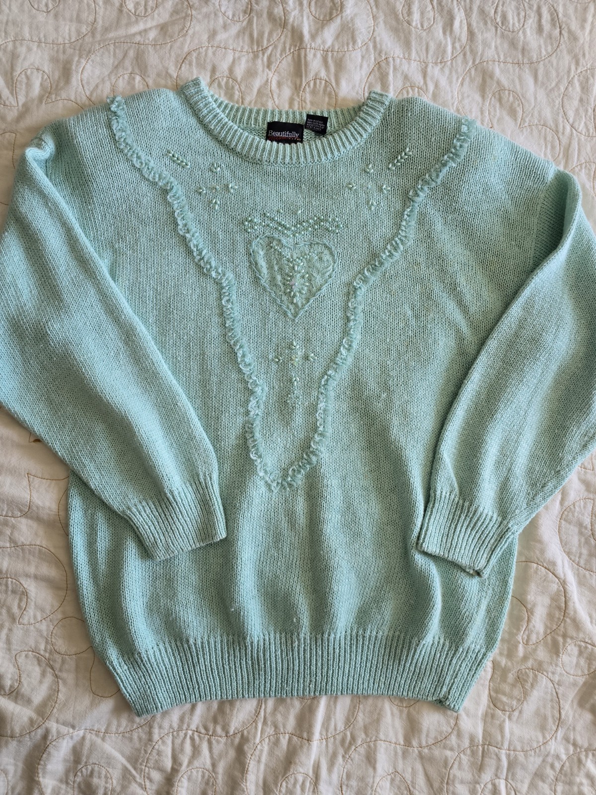 Vintage 80s Mint Green Beaded Heart Sweater Womens Med Cottagecore Grandmacore