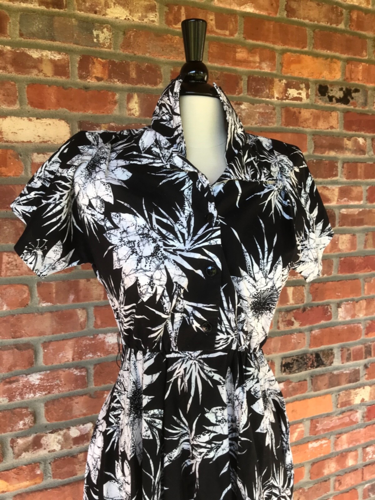 Vintage Batik Bamboo Shirt Dress Double Collar Safari Bohemian 80s wide sweep