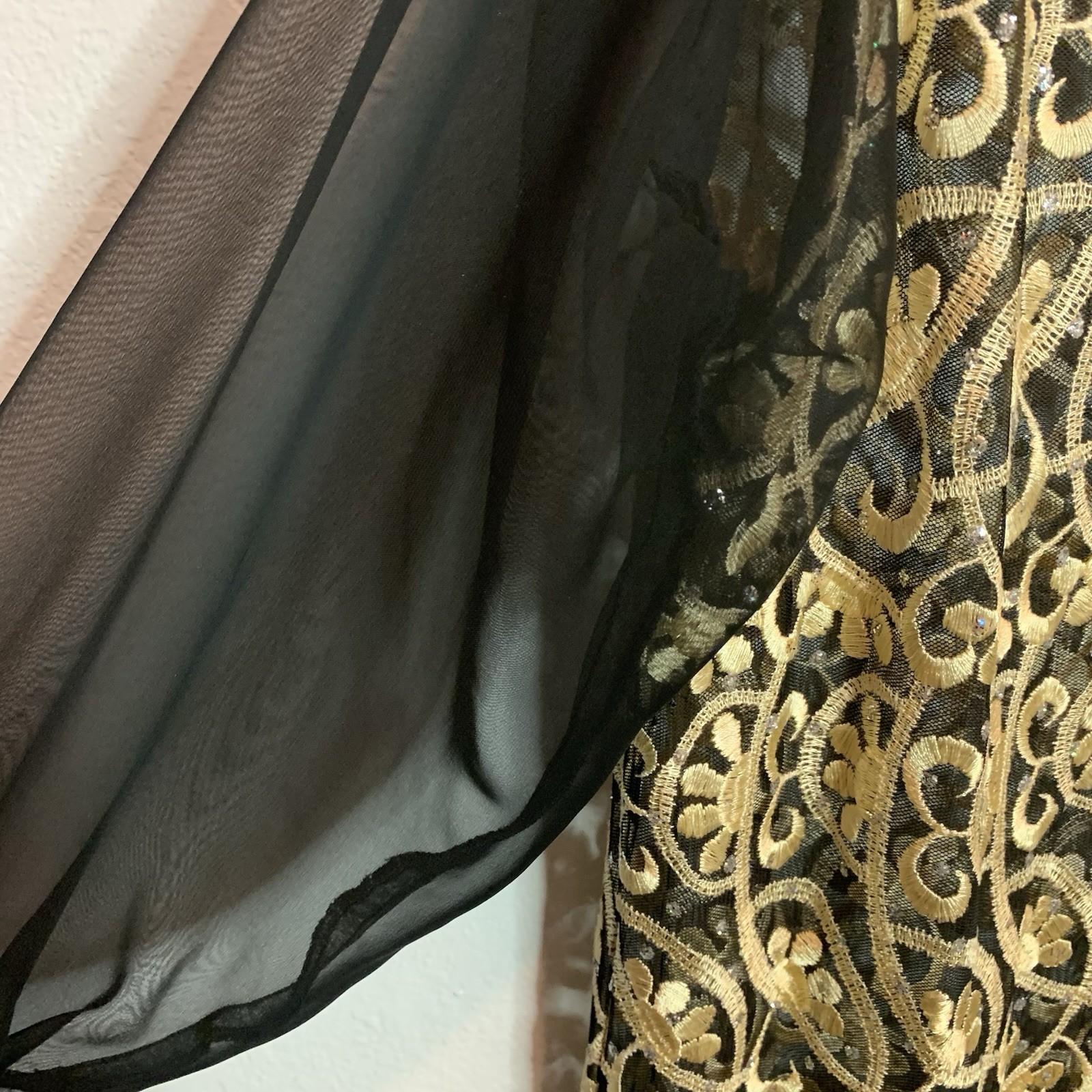 Sheer Evening Duster Lounge Robe Embroidered Gold Black Whimsigoth Med/large EUC