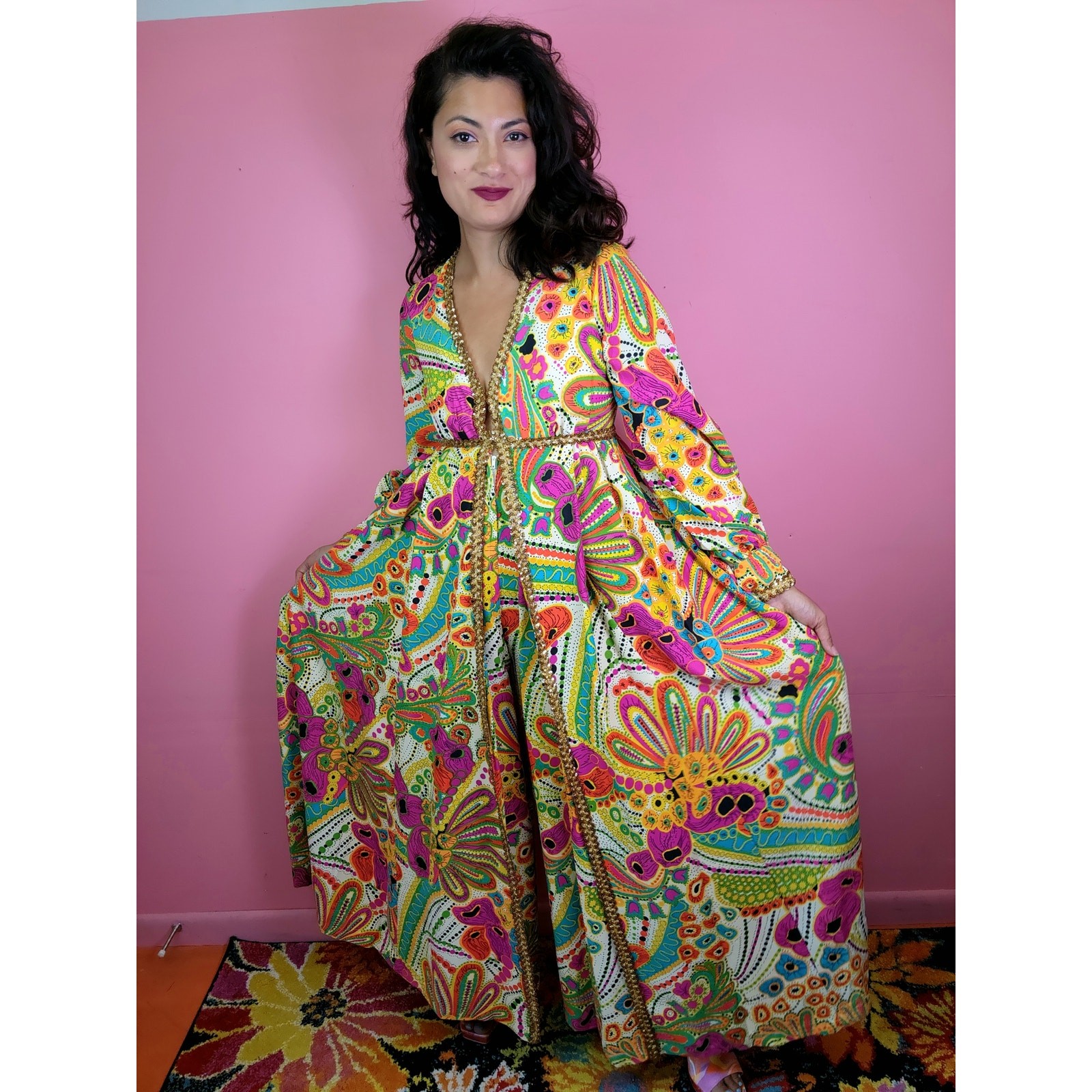 Vintage 1960’s Psychedelic Paisley Flower Power Wide Leg Palazzo Jumpsuit