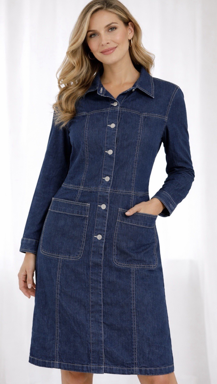 JOUJOU Womens Sz L Western Denim Shirt Dress L/S Blue Button Up 80s 90s Vintage