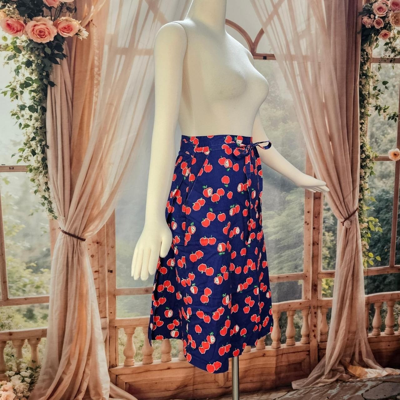 Vintage 1970s Wrap Skirt Navy Blue Red Apple Print Tie Closure Magic Union Label
