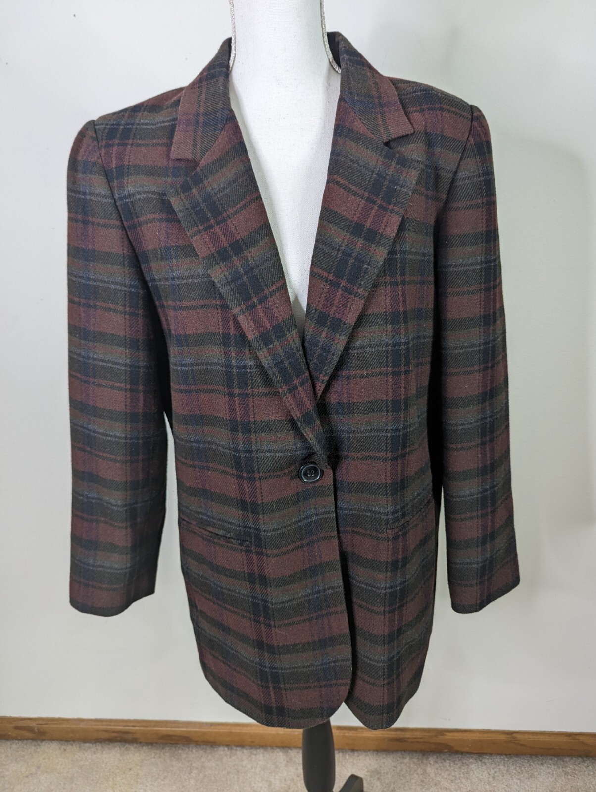 Vintage 90s Relaxed Fit Oversized Plaid Wool Blazer Sport Coat Women’s Medium 12