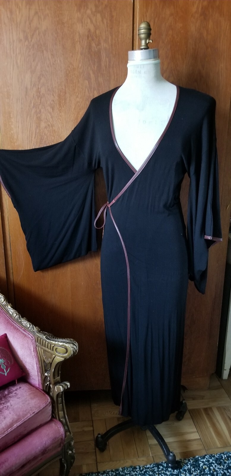 Japanese style Kimono dress Vintage black Cotton lycra Jersey dress/robe size 8