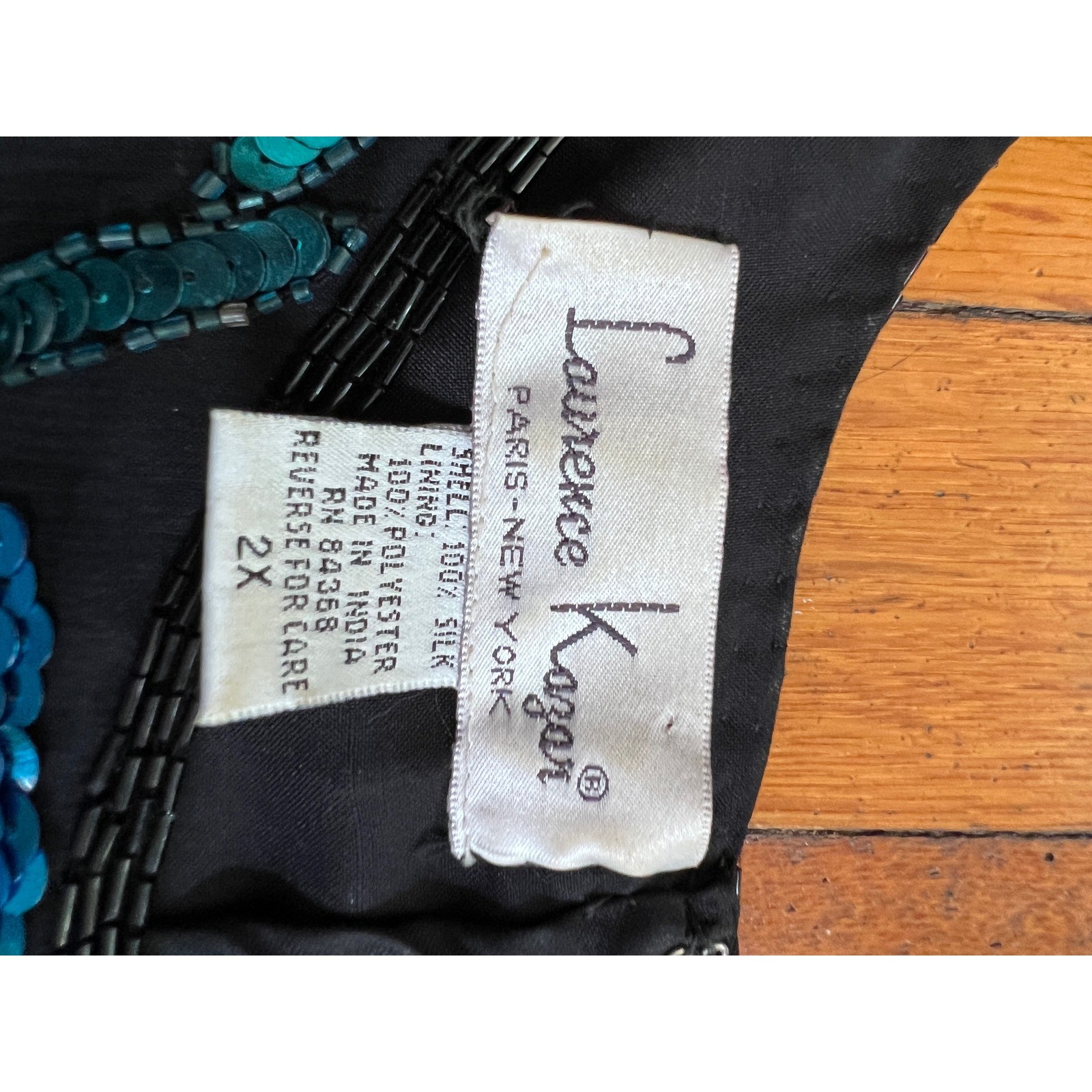 Laurence Kazar Vintage Blue Sequin Silk Blouse Floral Scalloped Hem Top 2X