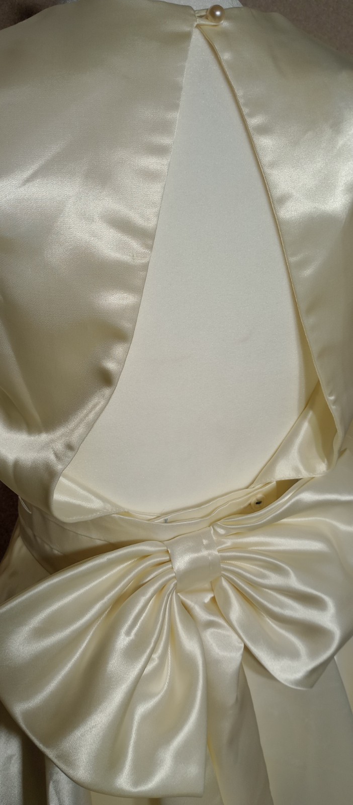 Vtg 80s Nu-Mode Satin Peplum Tea Length Wedding Dress Bow Open Back Size 5 / 6