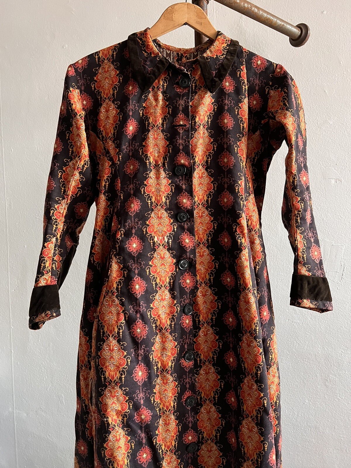 Antique Victorian 1880’s Paisley Wrapper Dress Gown Buttons Wool Bustle 19thC