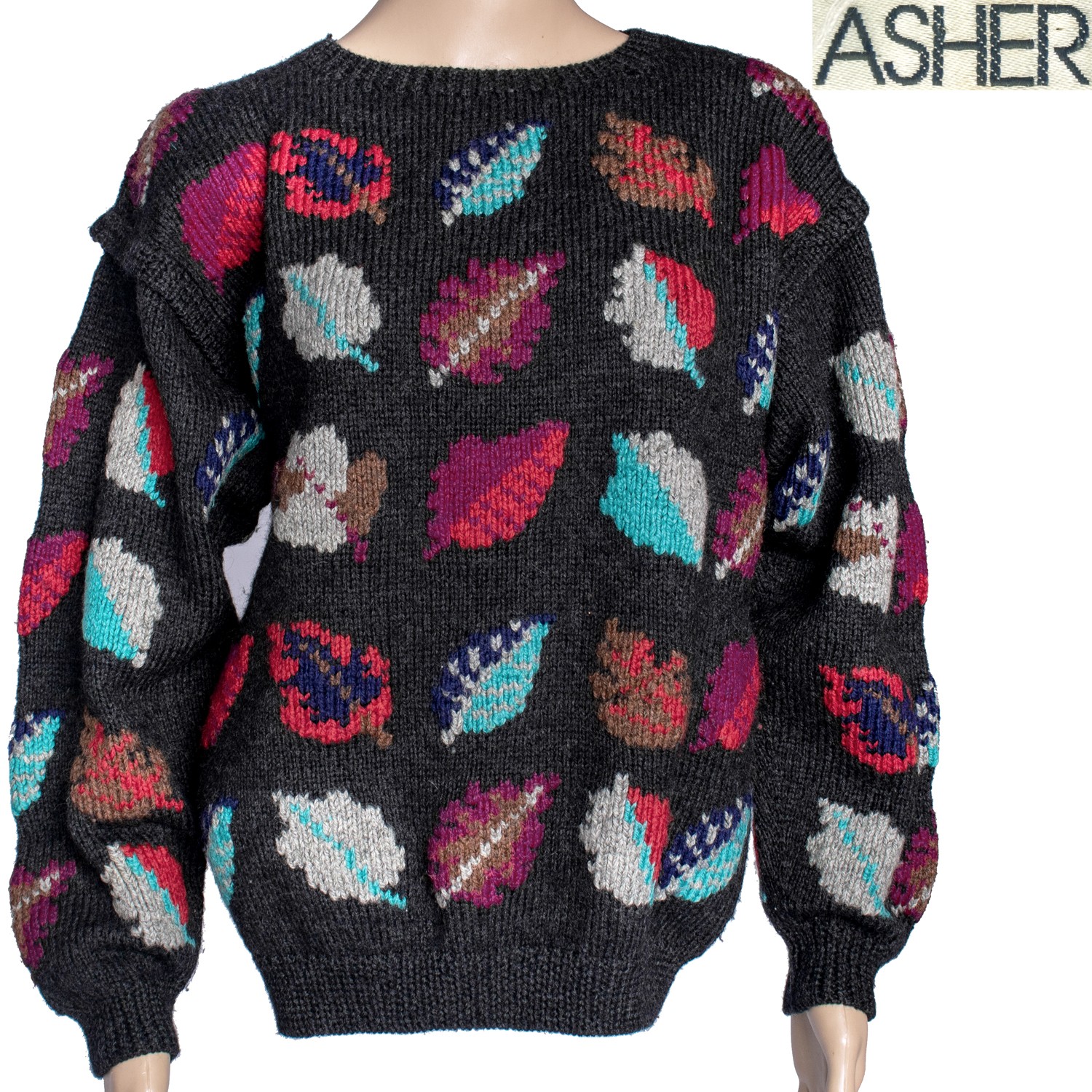 1980s Vintage Pullover Sweater Hand Knit Wool Red Turquoise Fuchsia Leaves M