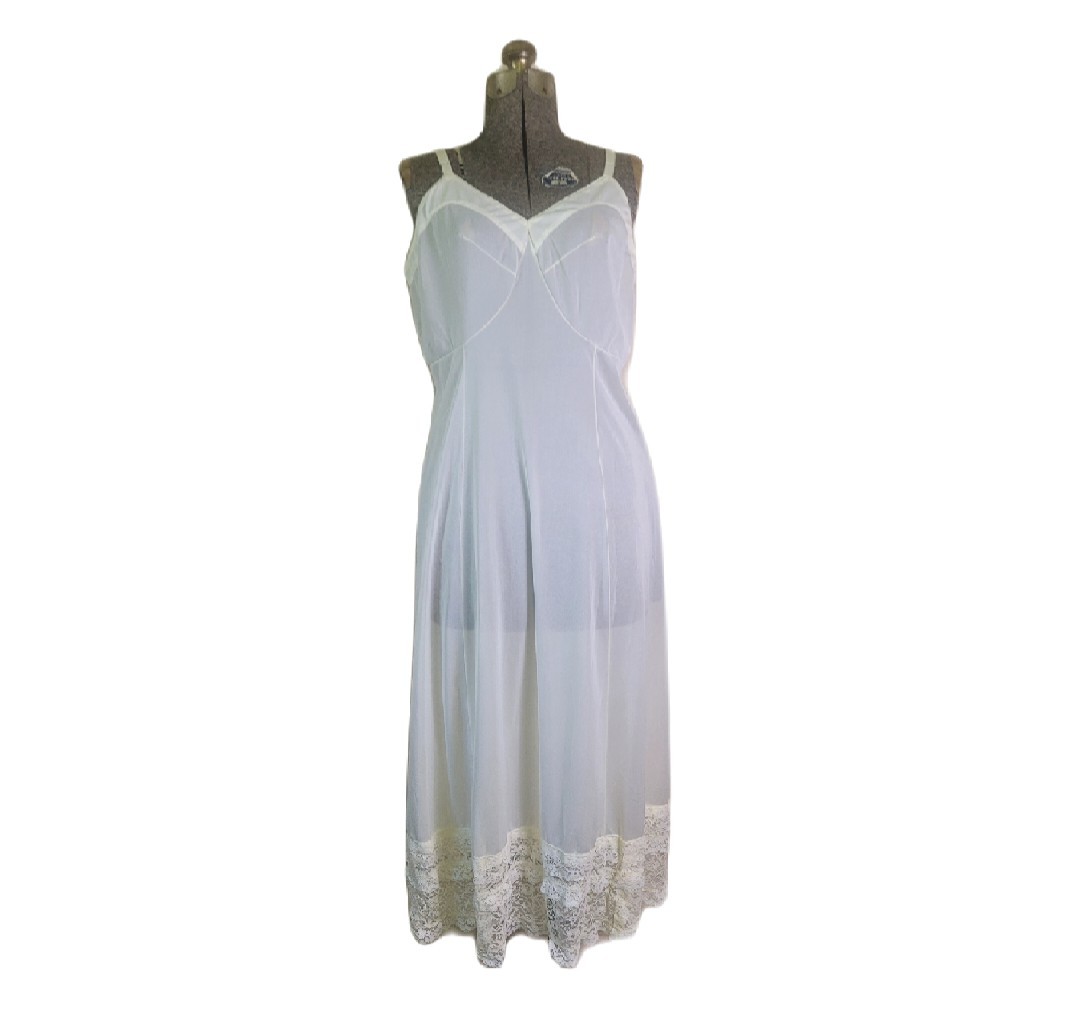 Vintage 50s 60s Slip Dress Volup White Layered Lace Hem 42 L/XL Victorian