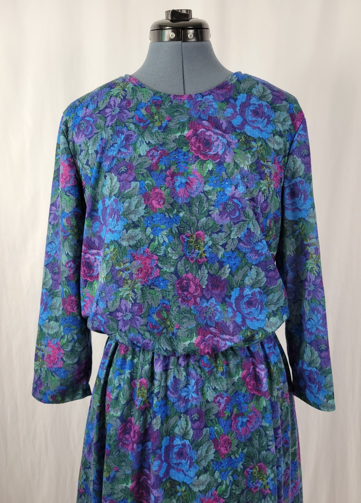 Vintage Sue Sherry Green/Purple/Blue/Magenta Floral Blouson Dress Size 16