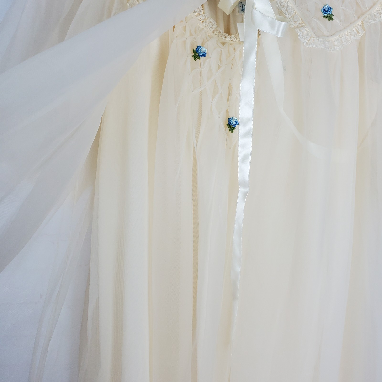 Vintage 1950’s-60’s Miss Elaine Peignoir Nightgown Set Sz L Beige Nylon Chiffon