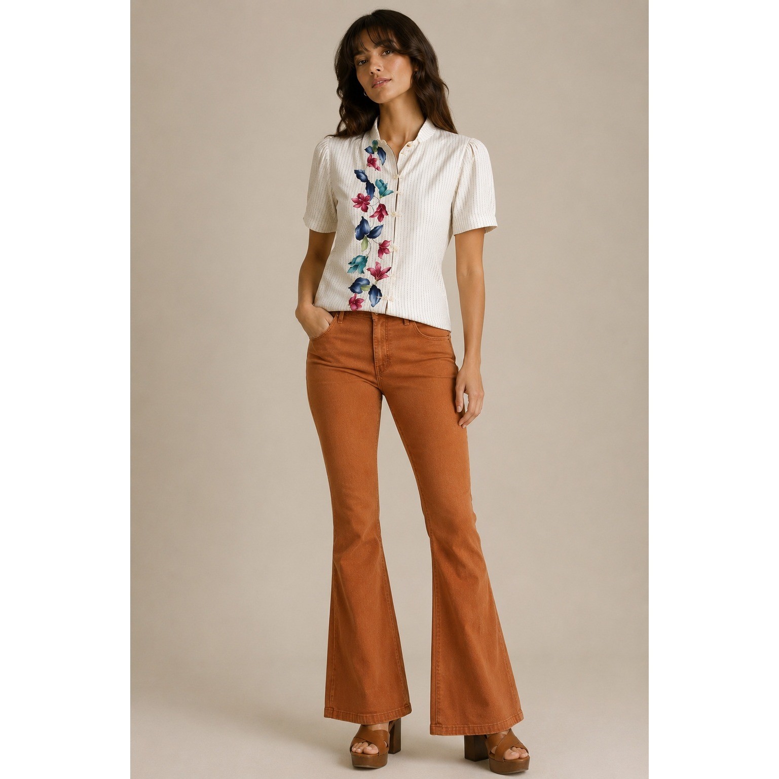 Vintage 70s Floral Stripe Button Front Blouse Cottagecore XS