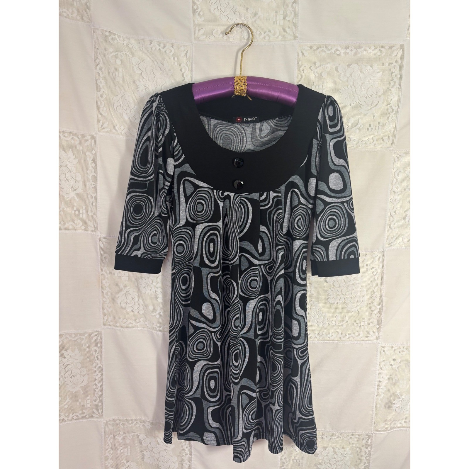 VTG Y2K 60’s/70’s Mod Black+Gray Artsy Retro 3/4 Sleeve Mini Dress Size S-M