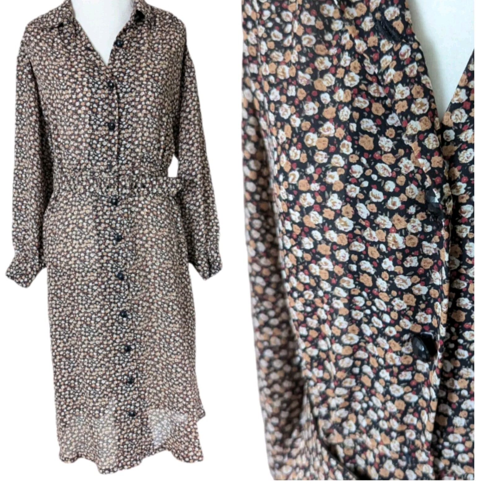 Vintage Shirt Dress M L Floral w Belt and Pockets Black Brown Red Semi Sheer