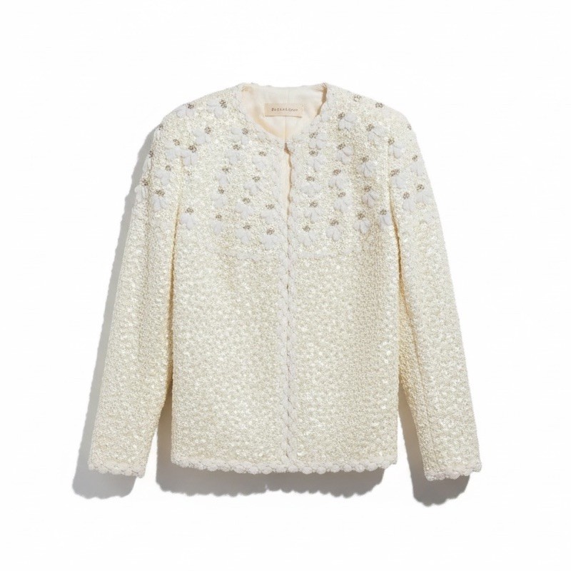 Vintage 1960s White Bouclé Cardigan Sweater Women’s Large Tailored Wool Beaded