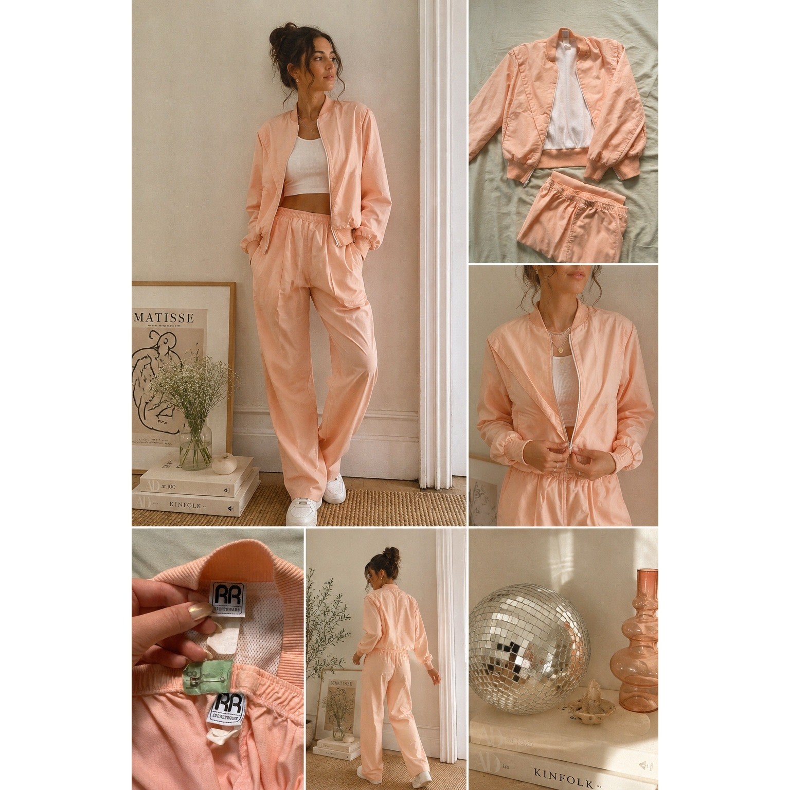 Vintage 80s Peach Tracksuit Set Retro Jacket & Pants Soft Pastel Athleisure XS