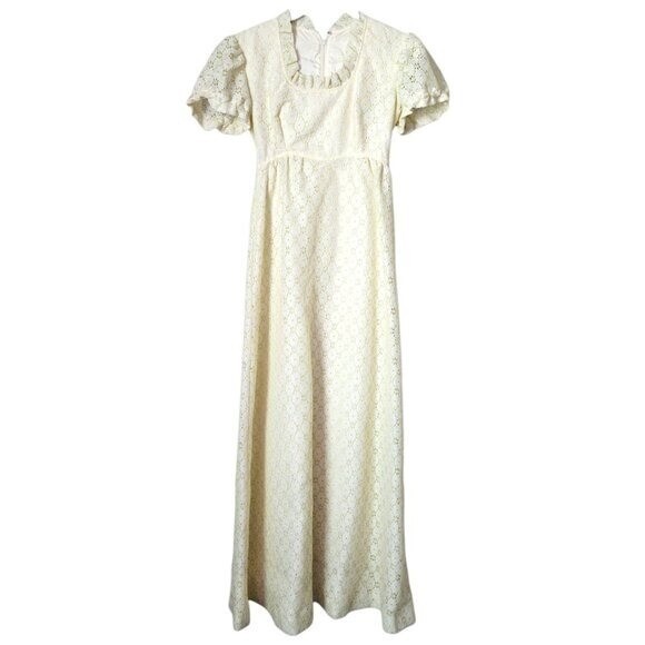 VINTAGE 70’s union made butter yellow white eyelet floral maxi dress size 5