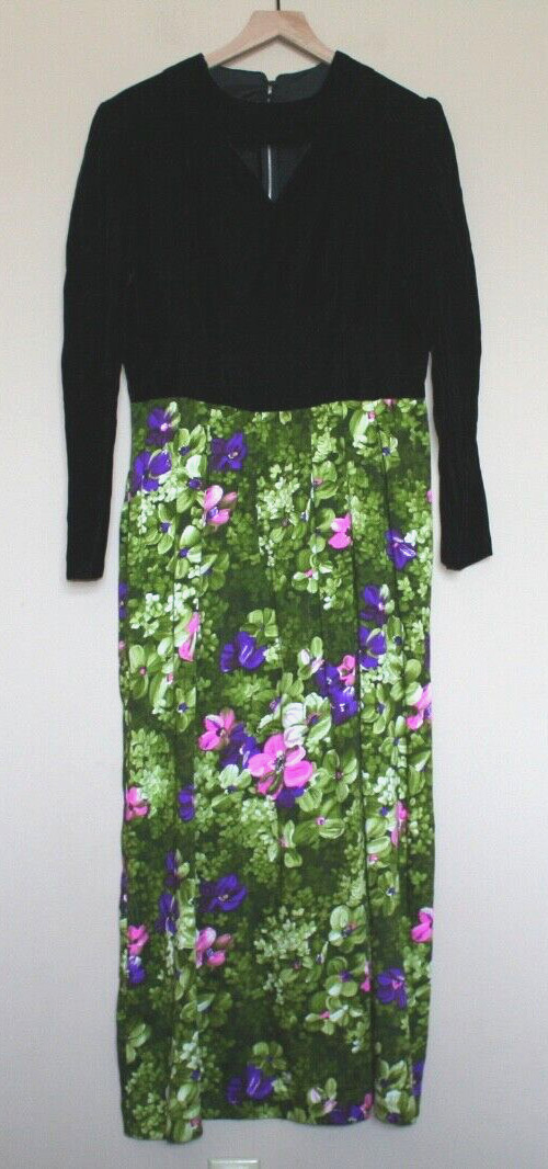 Vintage Maxi Dress Mod Black Velvet Floral Womens Size Large 12 14 60s 70s