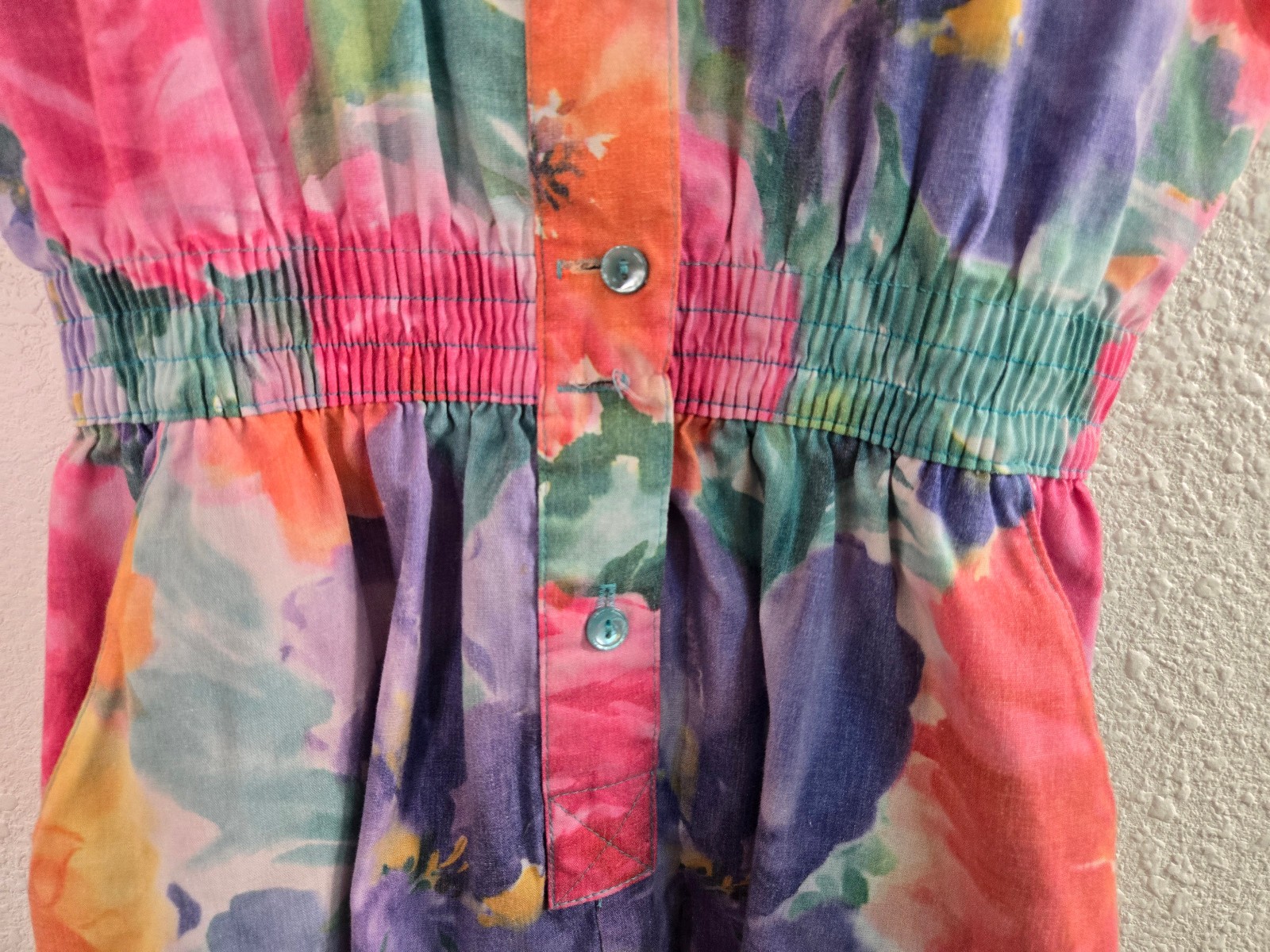 Sea Suns Womens Small Vintage 80s Short Sleeve Cinch Waist Rainbow Floral Romper