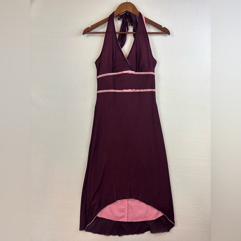 VINTAGE Y2K Halter Dress Baby Doll Coachella Boho Maroon Midi Velvet High Low