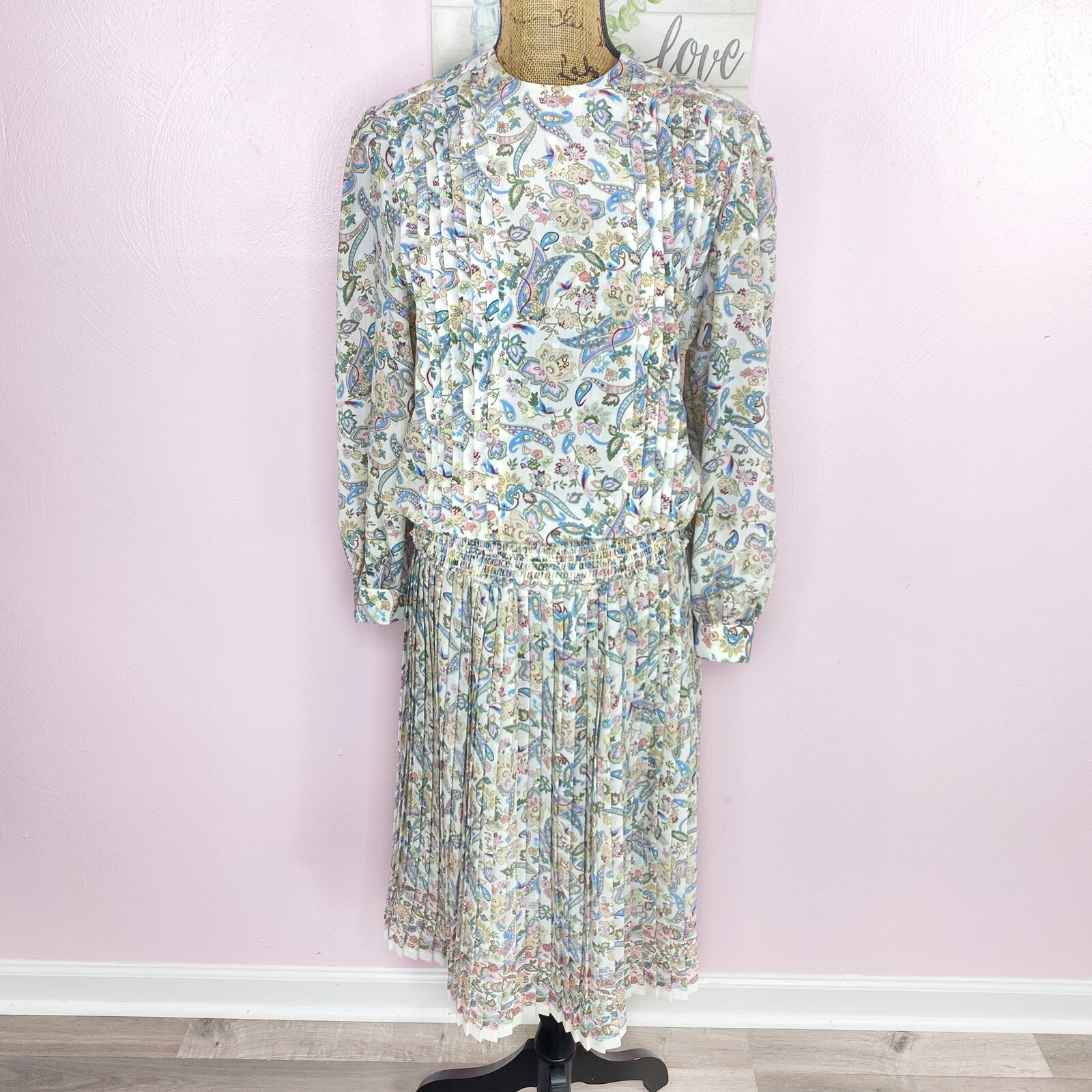 Vintage Shrader Sport Skirt Set Womens 6P Paisley Floral Knife Pleat MidiElastic