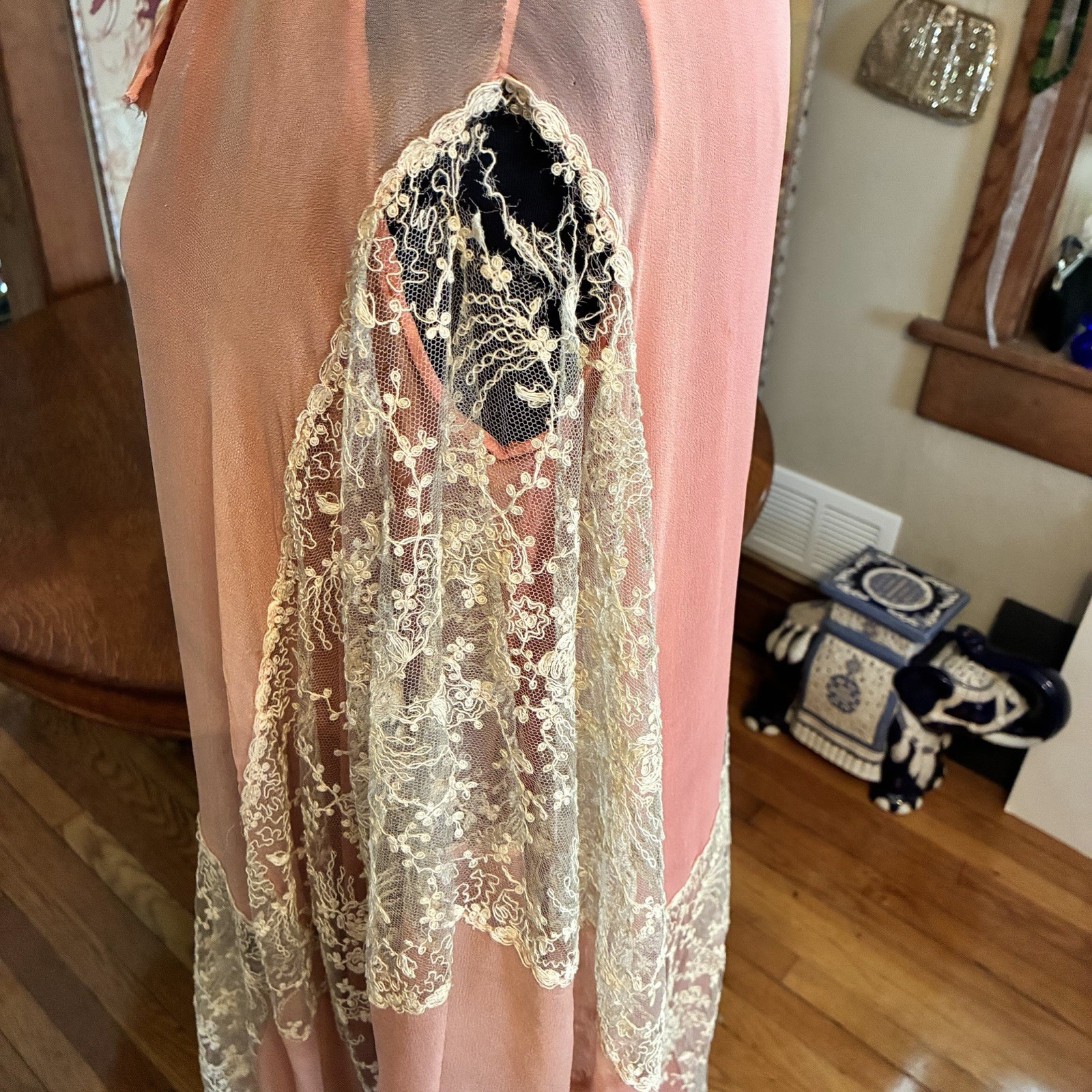 Antique 1920S Pink Silk Chiffon Kafton Brussels Tambour Cabbage Roses Lace
