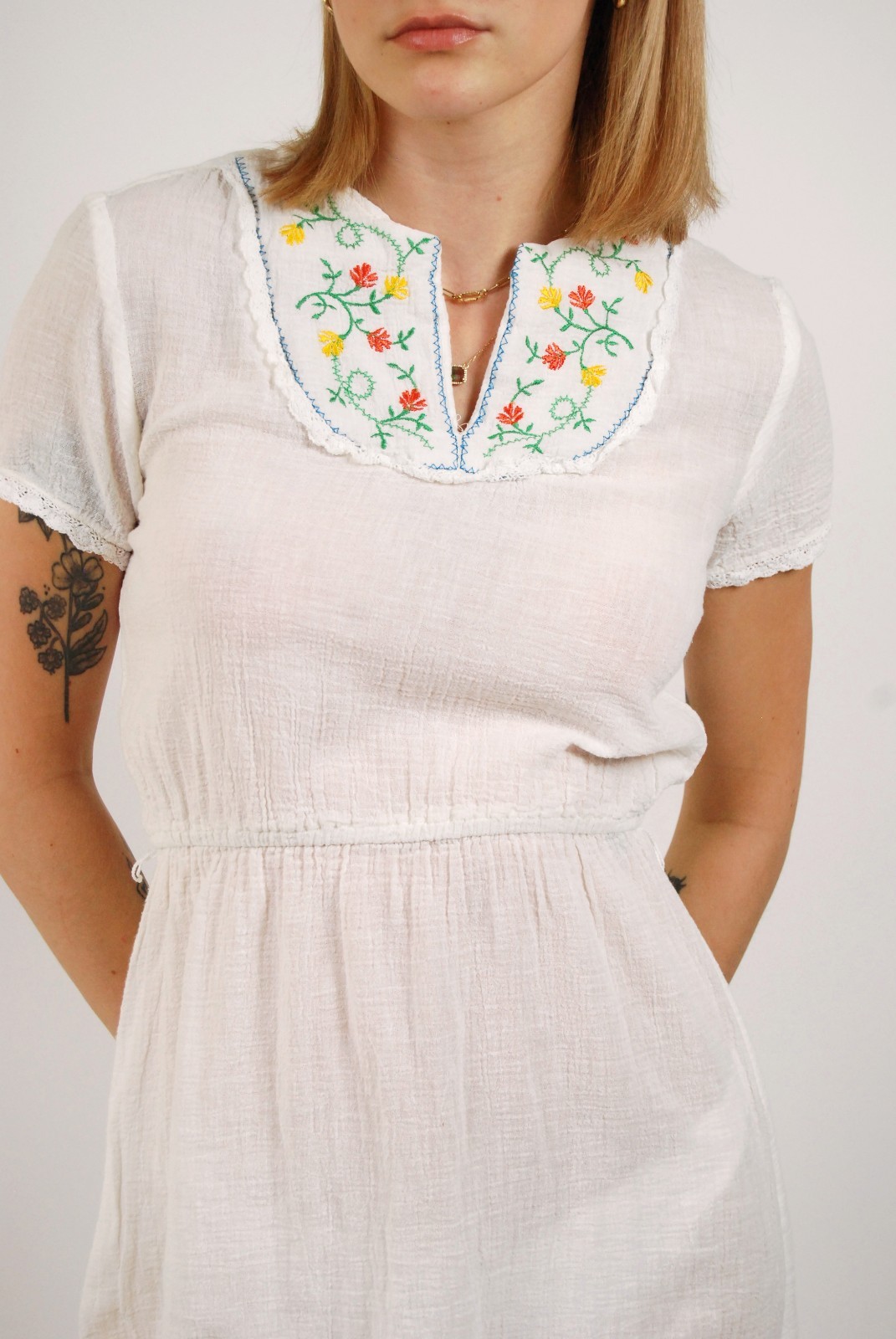 70s Embroidered Dress (S) white gauze midi small vintage folk mexican hippy boho