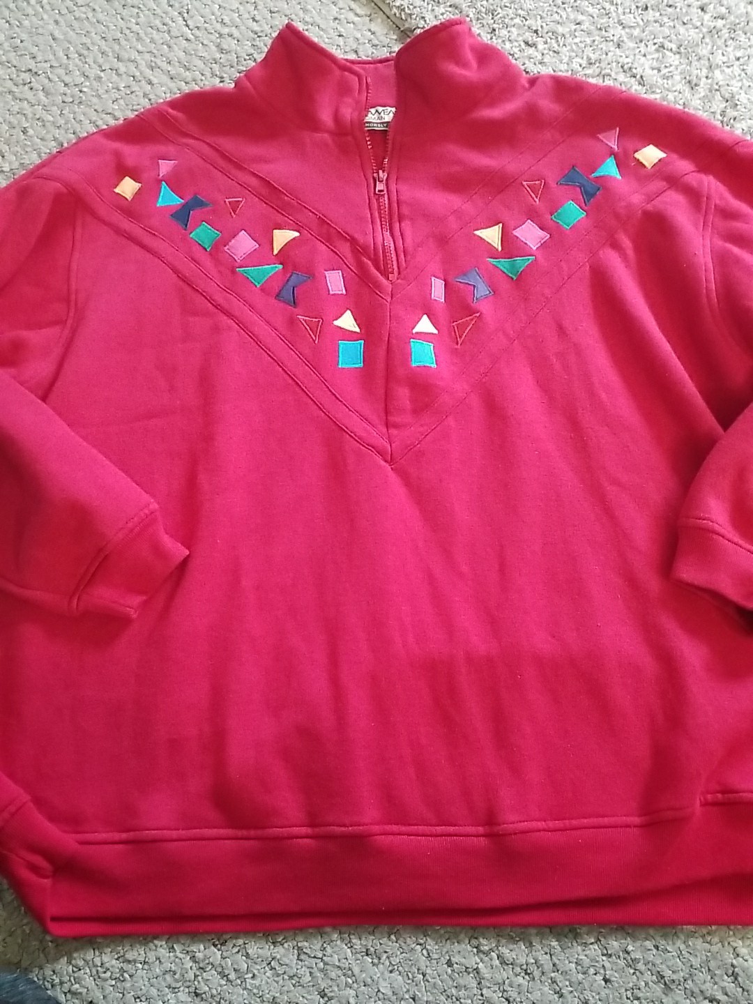 Vtg. Chinawear Morsly Womens 2X Red Embroidered ¼ Zip Sweatshirt GUC. AB