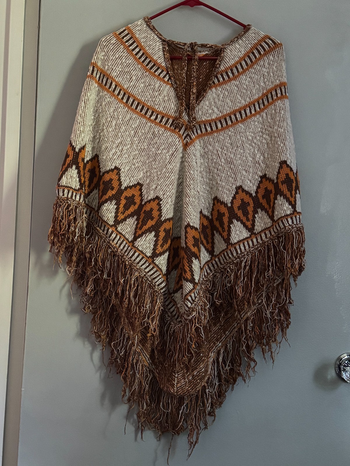 Vintage 1970s Sabra Knit Fringe Poncho – Boho Hippie Southwestern Sweater