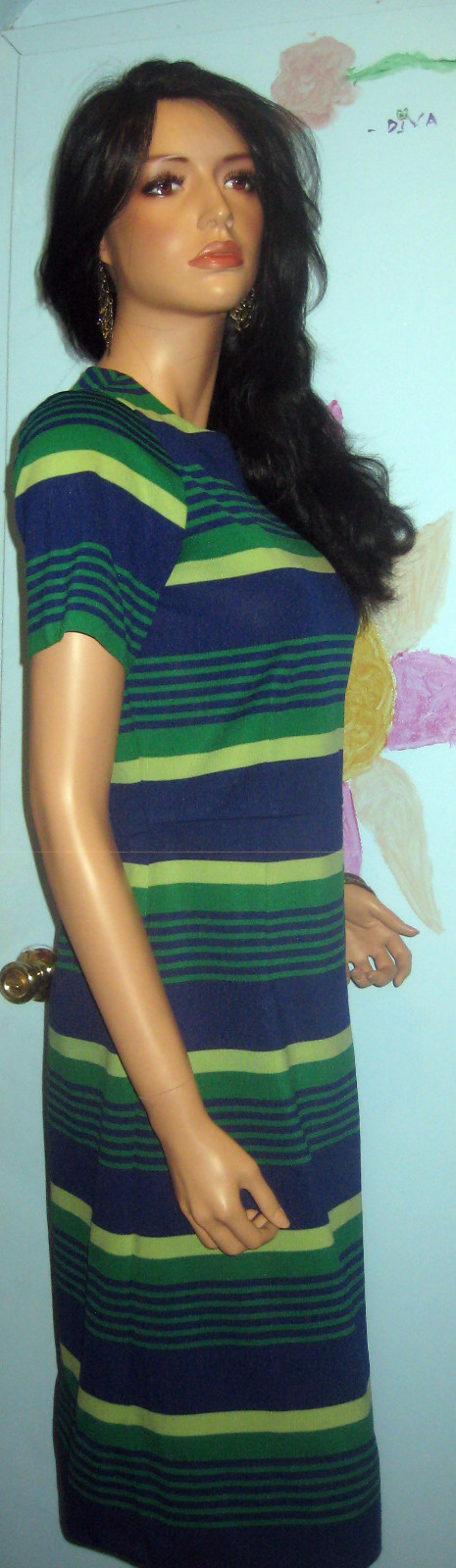 Vintage~Nautical stripes~navy~green~yellow~dress~wrap skirt~Back zipper~SizeM-L