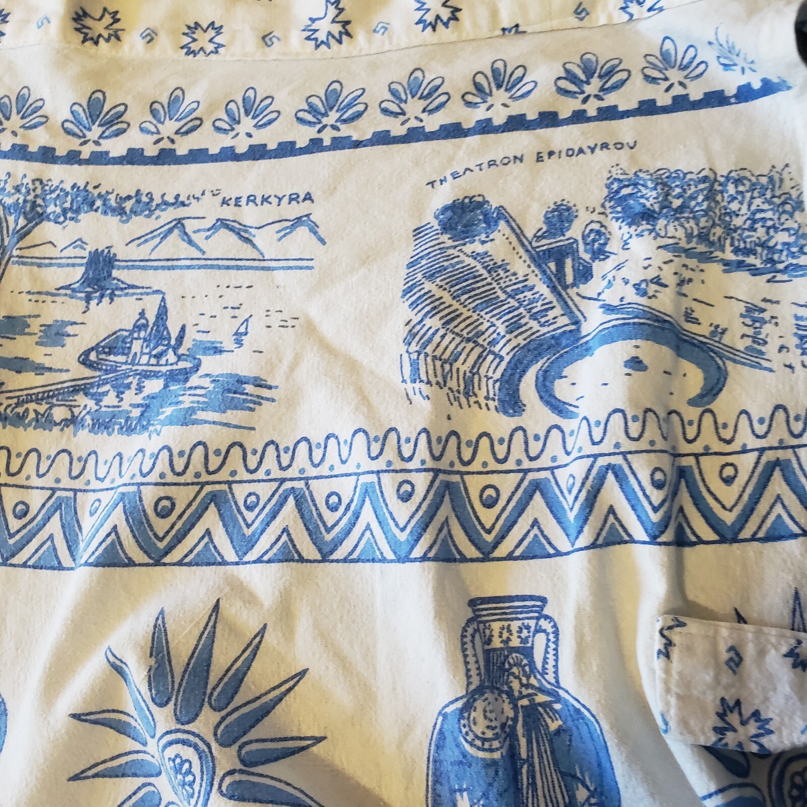 Vtg 1970s Greek Greece Novelty Wrap Skirt Blue White Cotton Size Medium