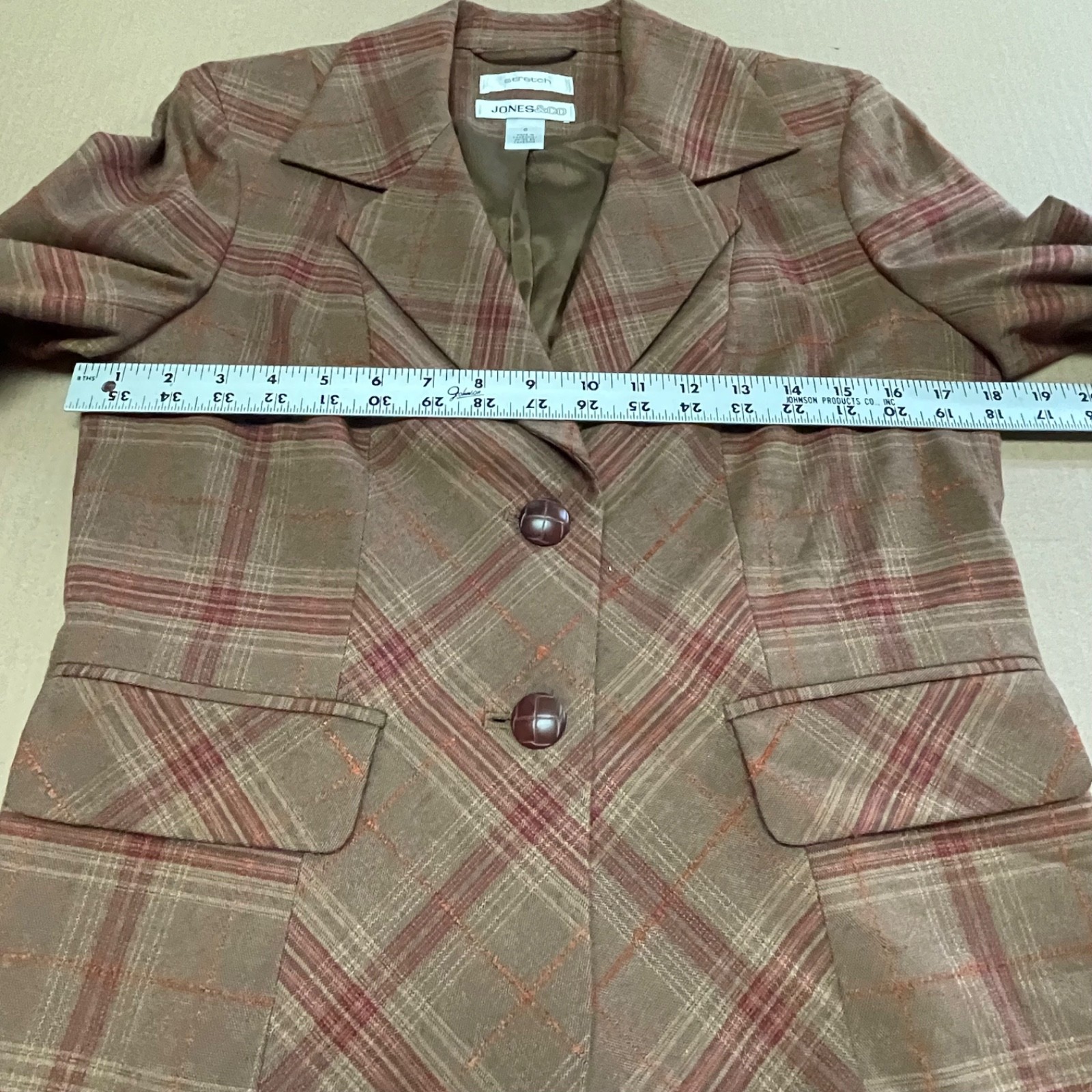 Vintage Jones & Co Plaid Tweed Blazer Jacket Size 6 Brown Red Martingale Belted