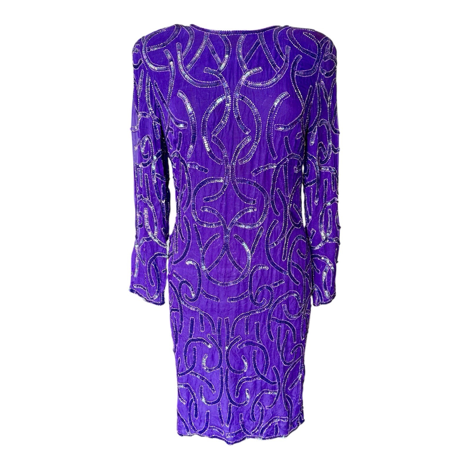 Vintage Carina Purple 100% Silk Beaded Long Sleeve Mini Dress
