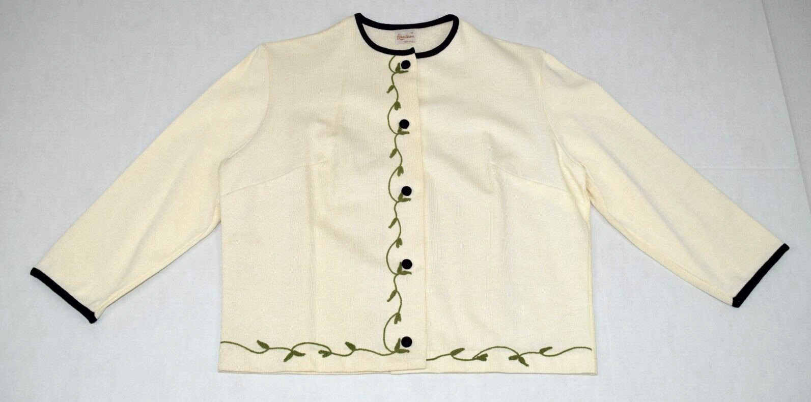Vintage Jacket Jantzen Size M 70s Ivory Black Trim Leafy Green Embroidered Knit