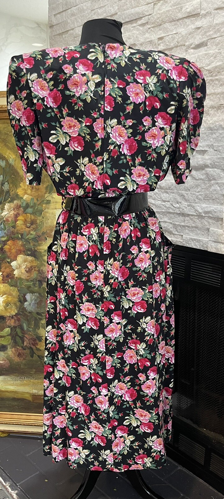 VTG 80s Cottage Core Trad Wife Floral Party Belted Day Dress Modest Size 1