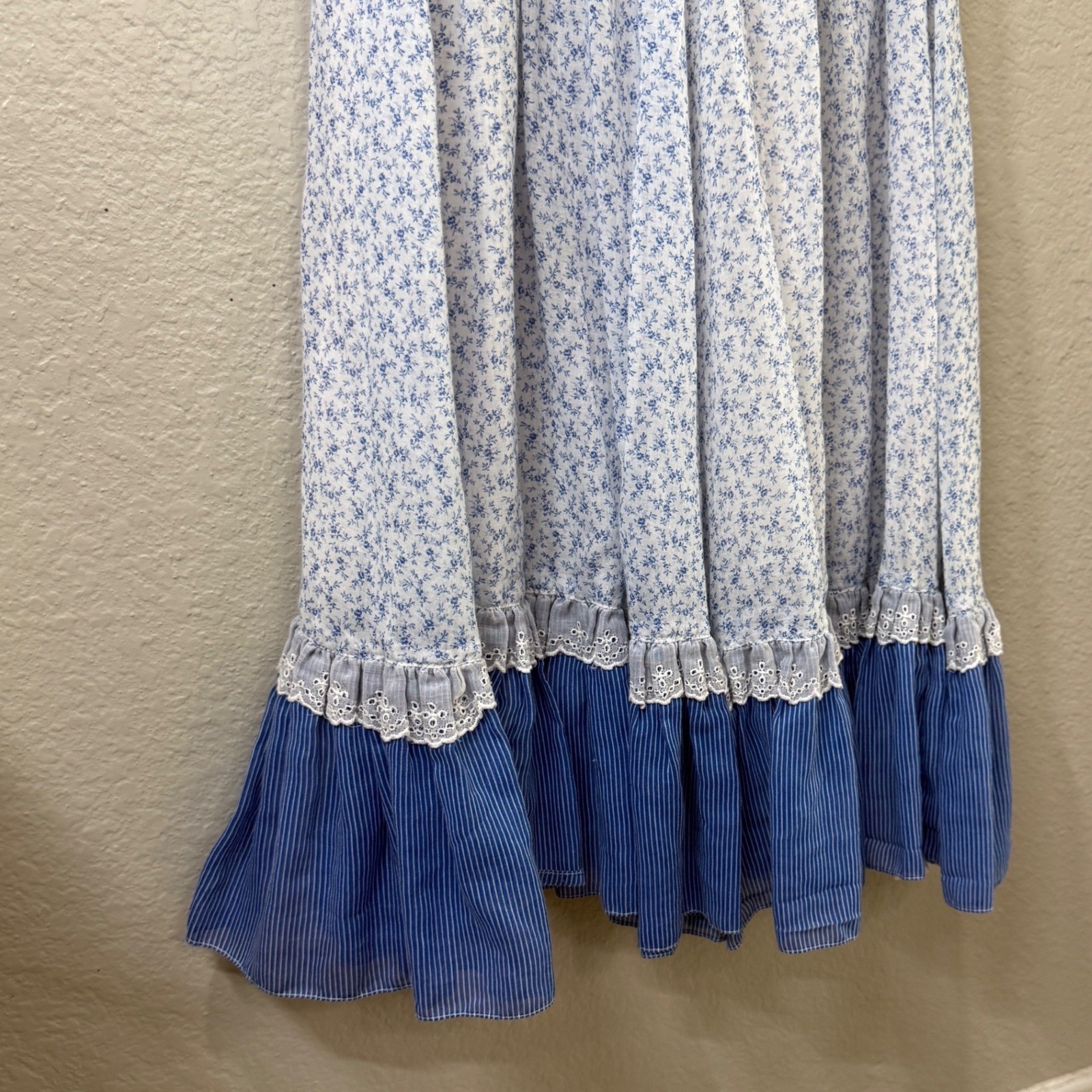 Vintage ACT I New York Floral Cottagecore Midi Prairie Dress Blue White Lace XS