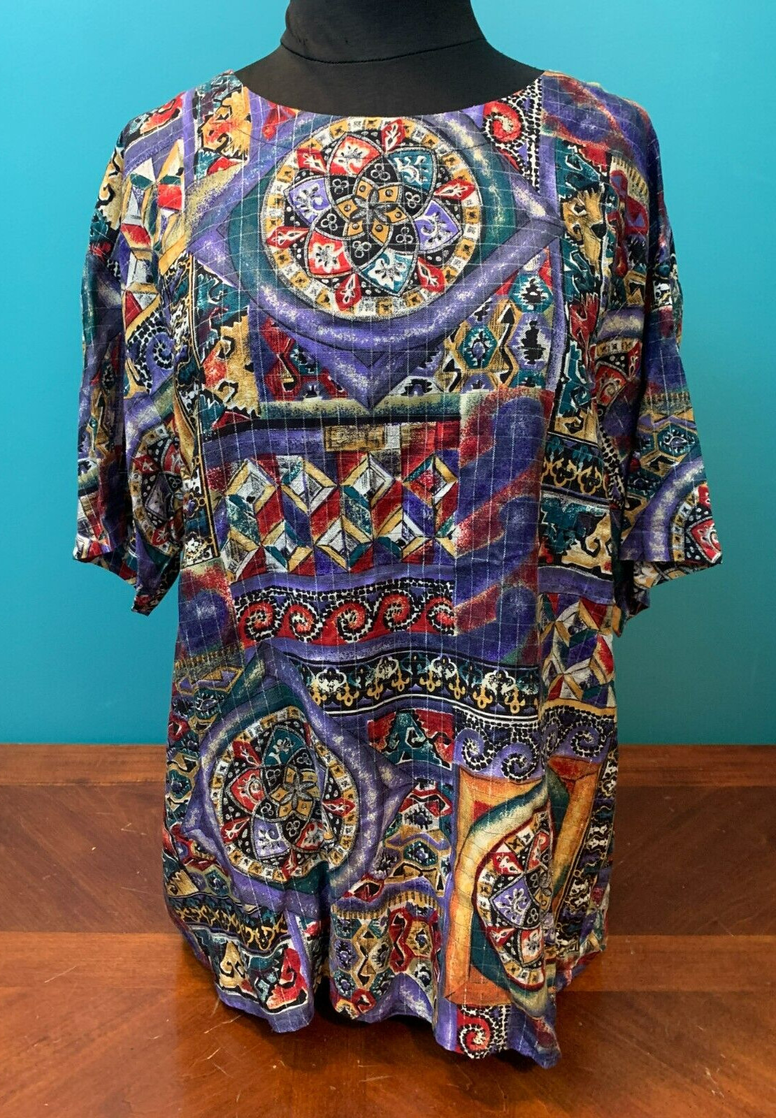 Vintage 90’s Multi Color Multi Pattern Rayon Top- 16, Purple Yellow Red Metallic
