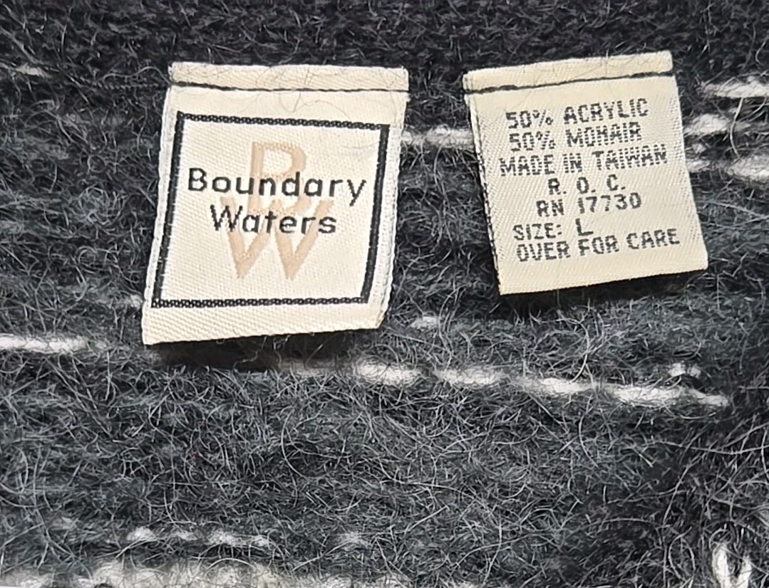 Vintage Boundary Waters Mohair Black White Striped Houndstooth Buttons Sweater