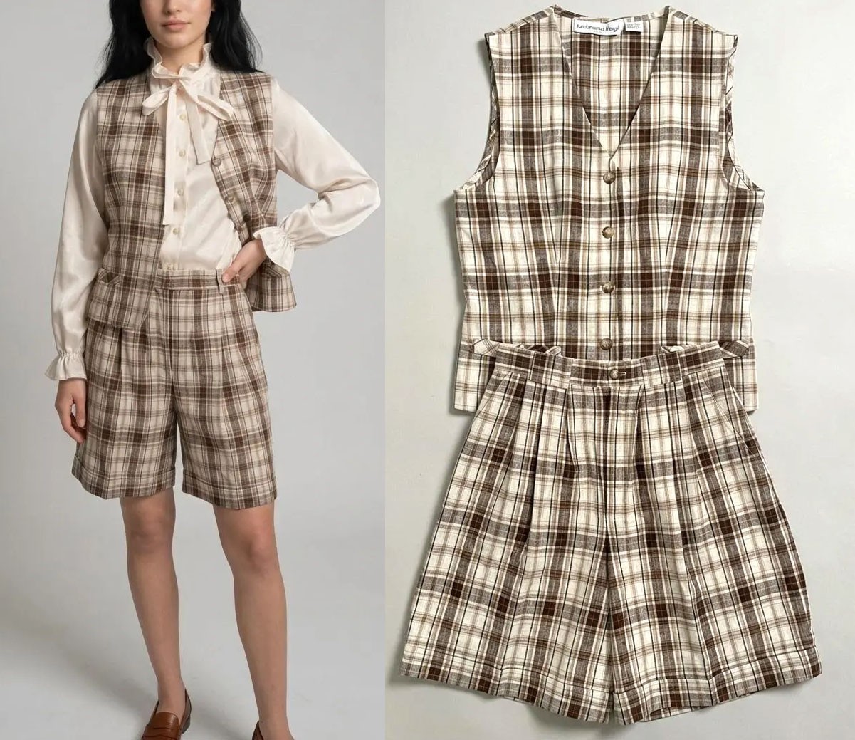 Vintage 1990s Linen Cotton Blend Brown Plaid 2 Piece Set Size S
