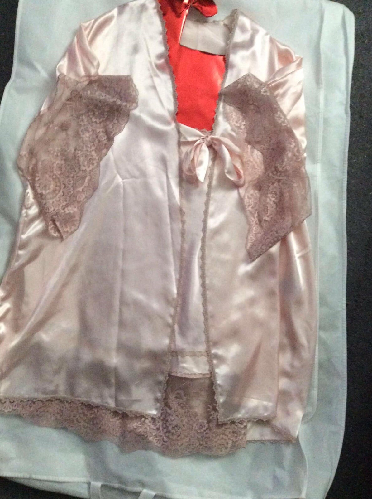 Vintage Large Lady Cameo Chemise Nighty Slip Dress Silky Pink Wide Lace OS Robe