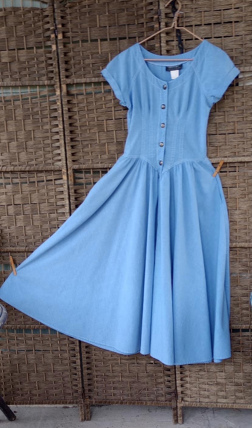 Vintage Denim Dress ~ Basque Waist ~ Full Swing Skirt