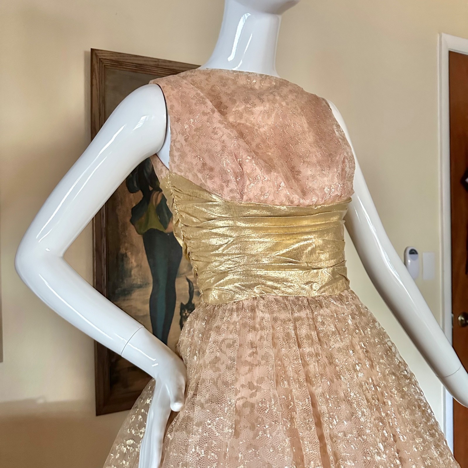 Vintage 1950s Gold Champagne Tulle Cupcake Prom Queen Dress VLV Wedding Gown XS