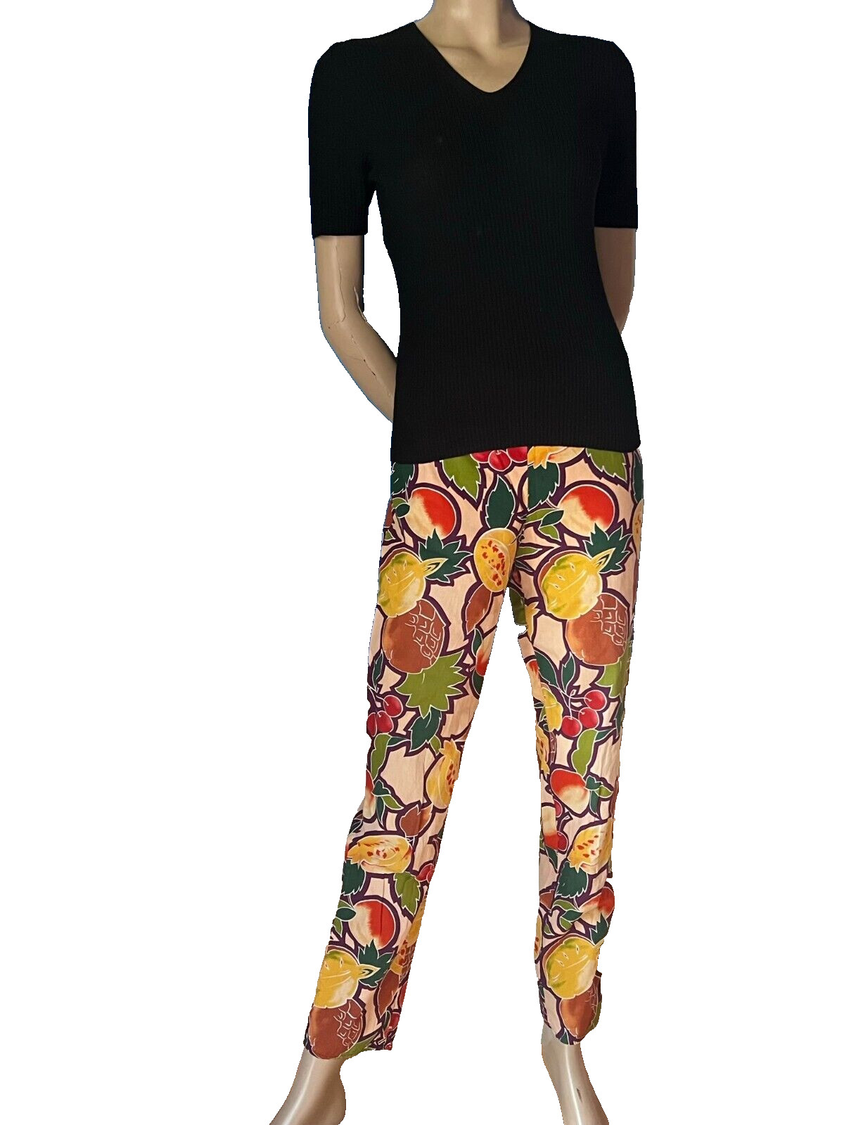 Vintage 1950s Cherry Print Cotton Pencil Pants S Fruit Pattern Crop Pant
