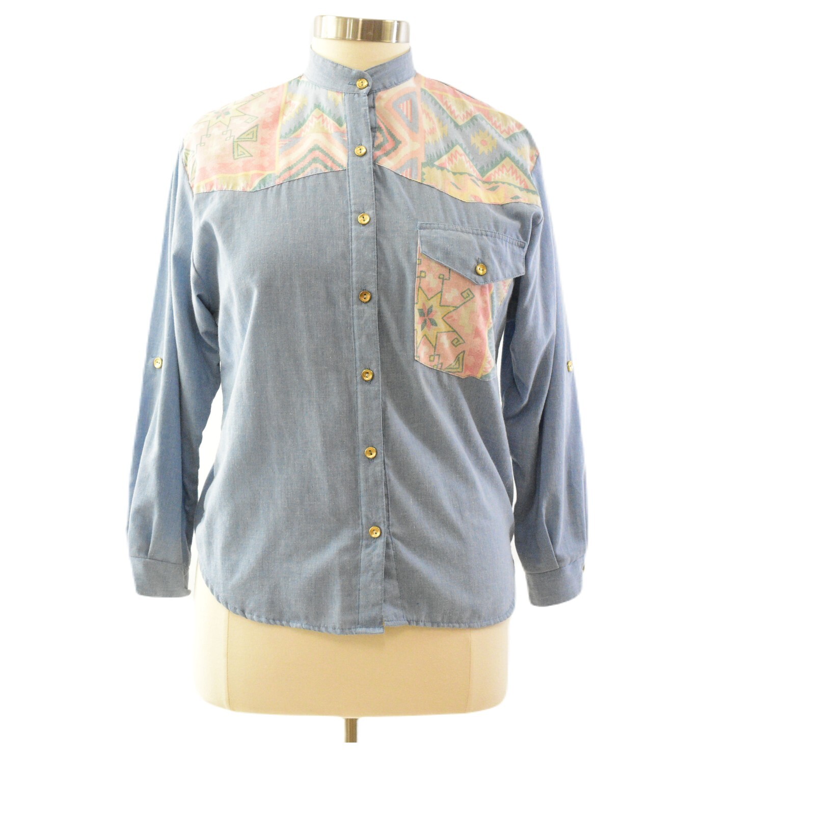 80s Vintage Southwest Print Shirt Womens XL L Denim Western Top Band Collar Boho
