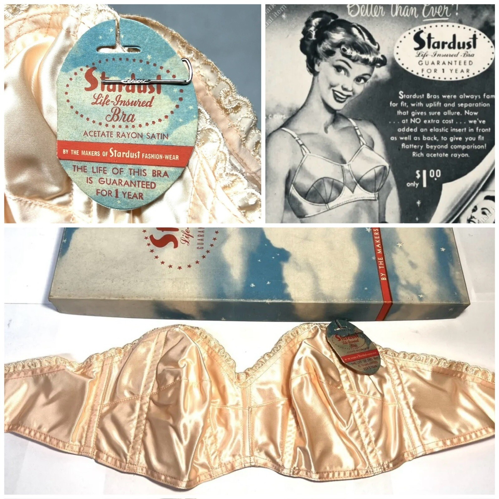 ✨NOS! 1950s VTG STARDUST Nude Strapless Bullet Bra USA Womens 32A 32B ✨